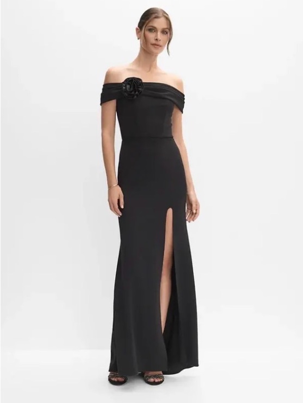 Off-Shoulder Black Evening Gown with Side Slit